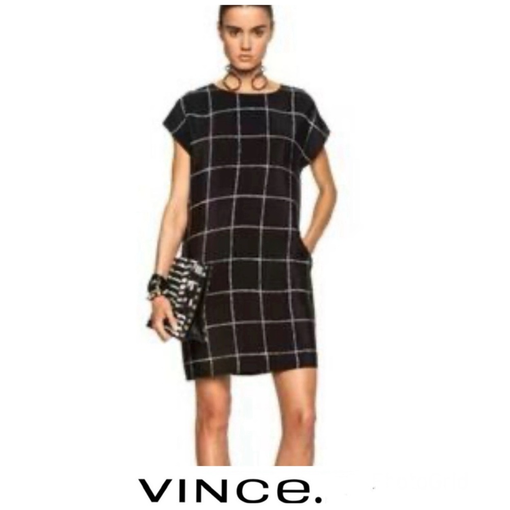 VINCE 100% Silk Black White Windowpane Print Side Pockets Mini Shift Dress Sz M